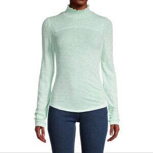 NWT FREE PEOPLE Caroline Smocked Mock Neck Iced Aqua Turtleneck